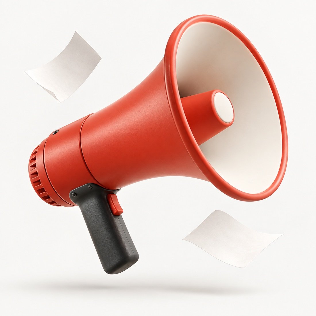Un mégaphone rouge corail fait s’envoler les feuilles administratives.