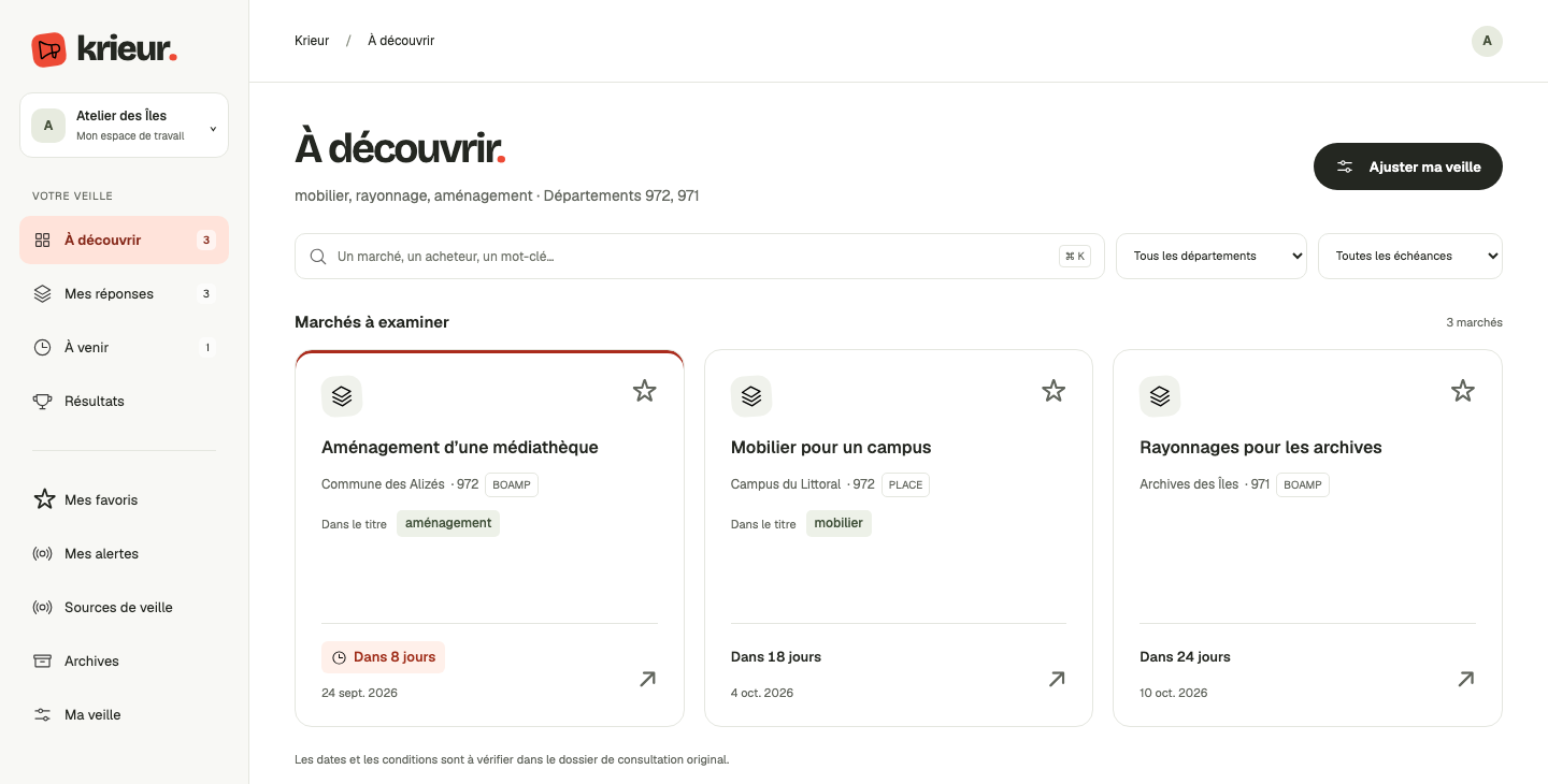 L’application Krieur : liste des marchés à qualifier, recherche et filtres, dossier ouvert avec son échéance.